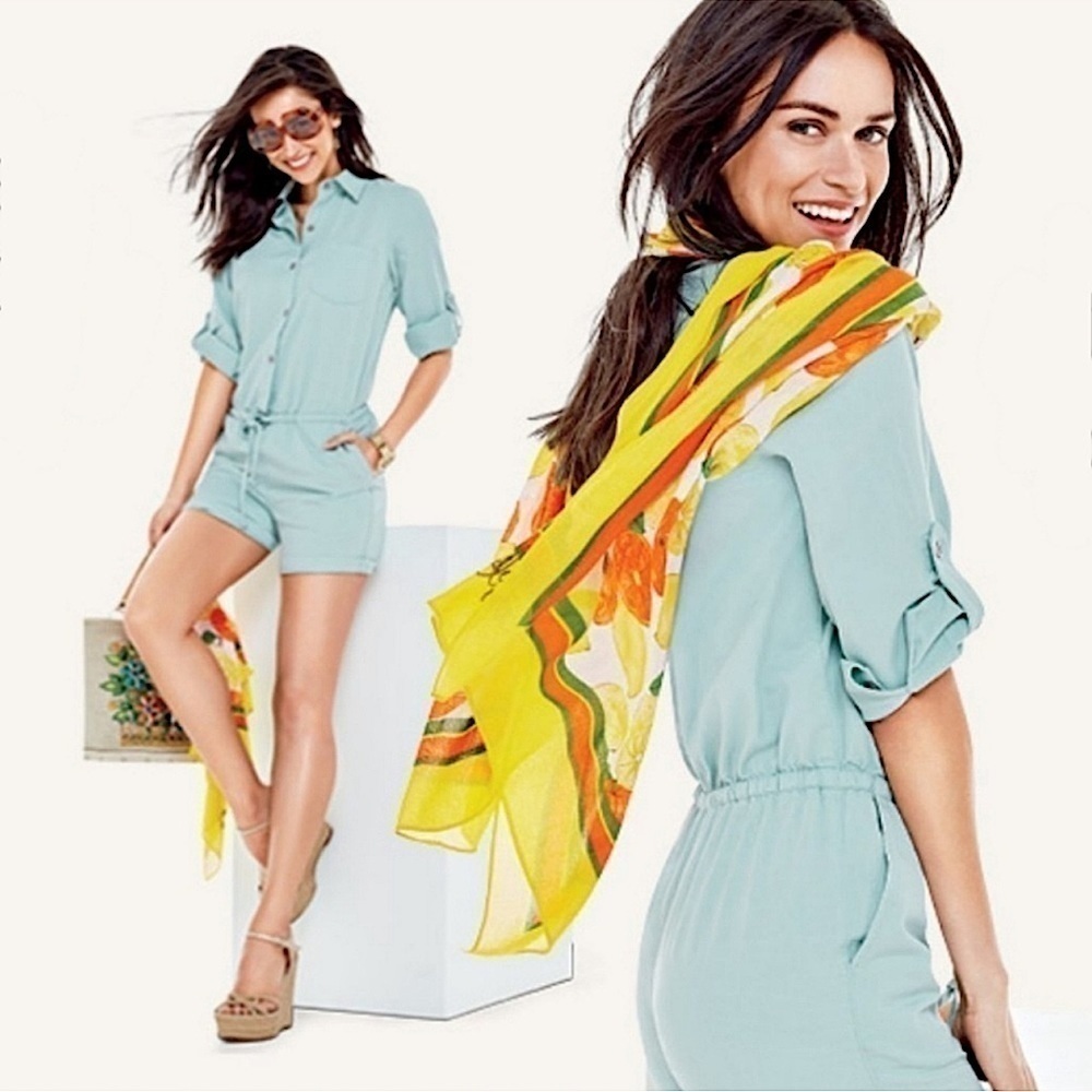 CAbi blue-green Alexa safari utility 3/4 roll tab sleeve romper Medium denim